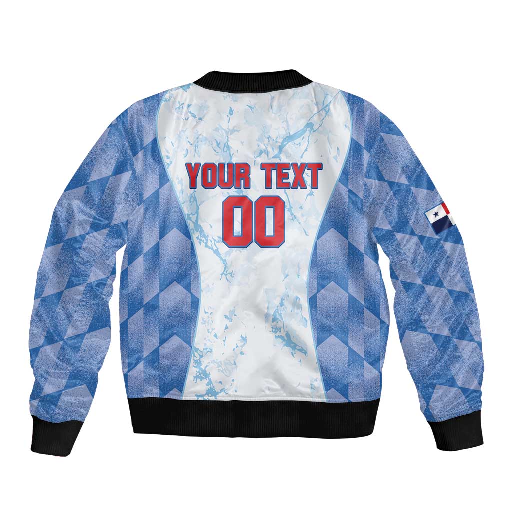 White and blue bomber jacket back with 'YOUR TEXT' and number 00, black ribbed hem