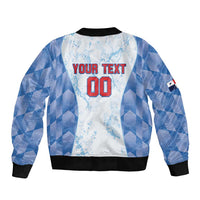 White and blue bomber jacket back with 'YOUR TEXT' and number 00, black ribbed hem
