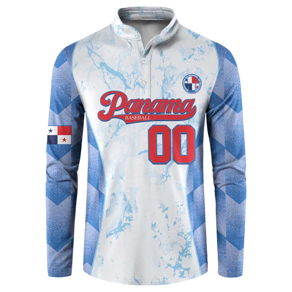 White baseball button sweatshirt with blue argyle sleeves, Panama logo and number 00