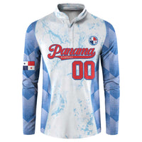 White baseball button sweatshirt with blue argyle sleeves, Panama logo and number 00