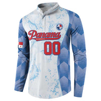White baseball button sweatshirt with blue argyle sleeves, Panama logo and number 00 on front