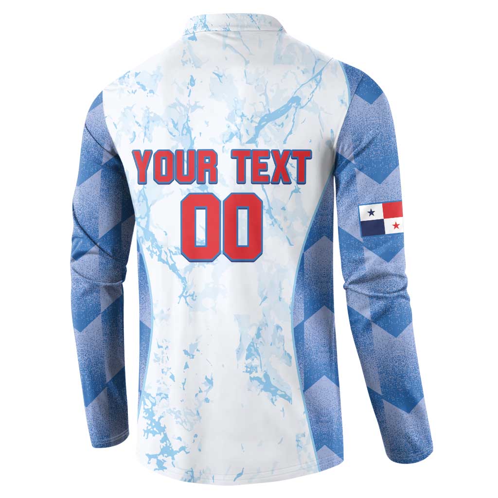 White baseball button sweatshirt, back print with YOUR TEXT and number 00, blue argyle sleeves