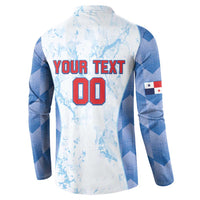 White baseball button sweatshirt, back print with YOUR TEXT and number 00, blue argyle sleeves