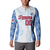 White baseball button sweatshirt worn, Panama logo and number 00 with blue argyle sleeves