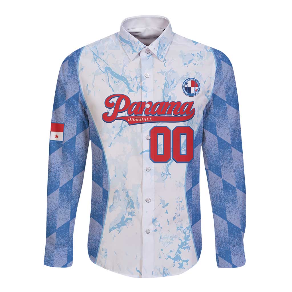 Baseball button-up long sleeve shirt in white/blue with Panama logo and 00 graphic