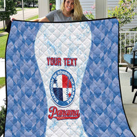 Blue and white quilt with custom text and baseball emblem in center, black edge trim