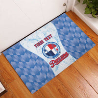 Baseball rubber doormat, blue chevron checks with YOUR TEXT and round Panama badge