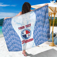 Blue-and-white custom baseball sarong with central logo and 'YOUR TEXT' print