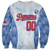 Light blue crewneck sweatshirt with blue/white pattern, red Panama print and number 00