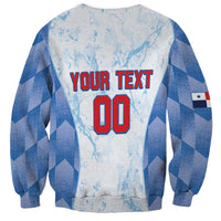 Light blue crewneck sweatshirt with blue/white diamond pattern, YOUR TEXT and red number 00