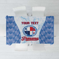 Blue checker tablecloth showing "YOUR TEXT" and "Panama" baseball crest