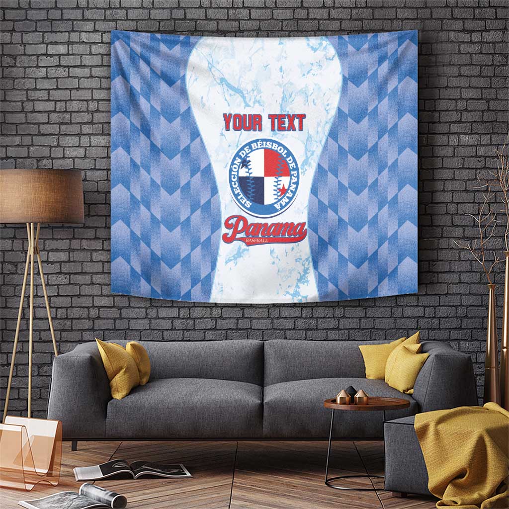 Blue and white baseball tapestry with custom text and Panama crest on gray brick wall