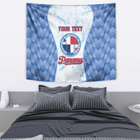 Blue and white baseball tapestry with custom text and Panama logo, rectangular wall hanging