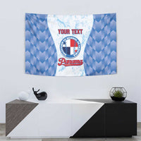 Blue and white rectangular baseball tapestry with custom text and Panama emblem on wall