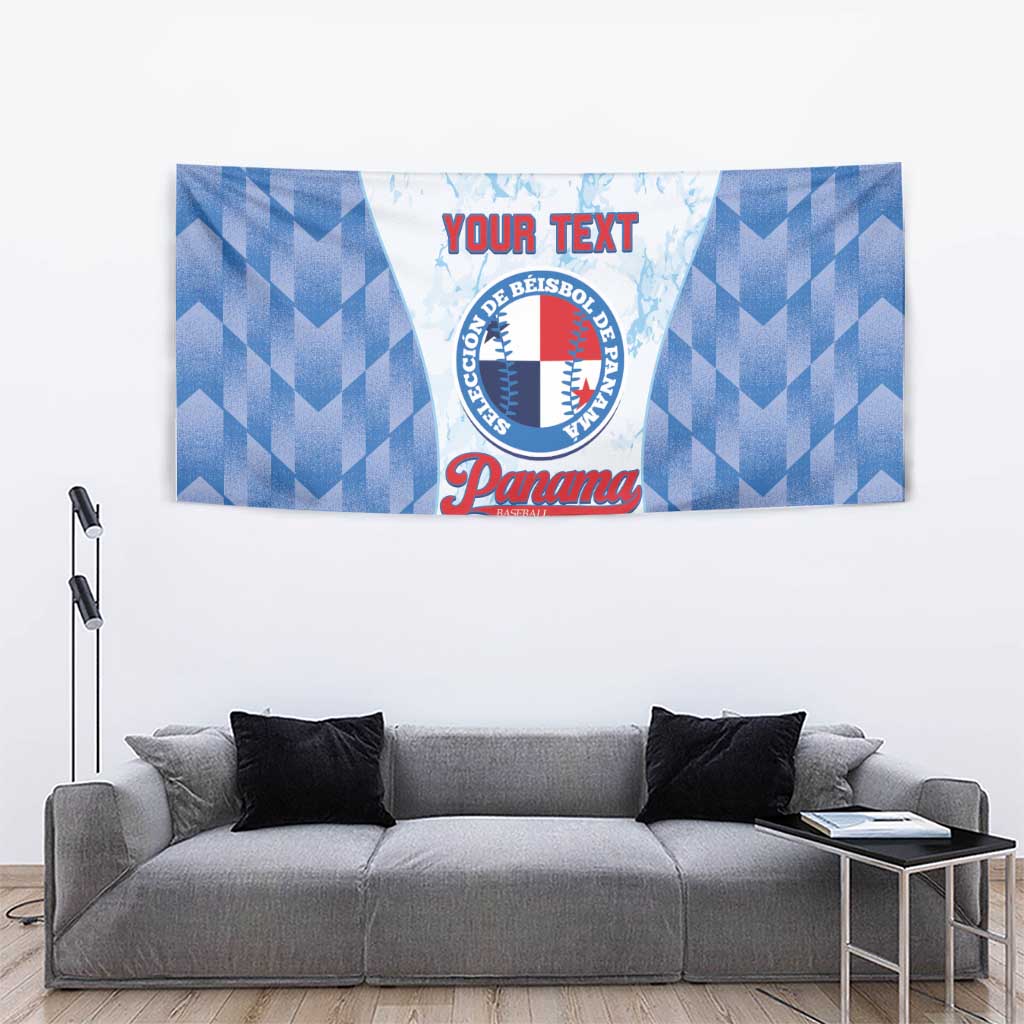 Custom baseball Panama tapestry with blue geometric sides and printed logo text