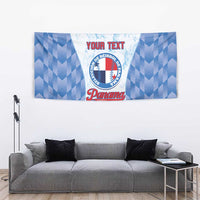 Custom baseball Panama tapestry with blue geometric sides and printed logo text