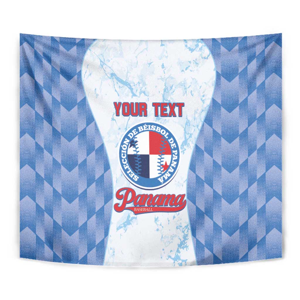 Blue and white baseball tapestry with custom text and Panama logo, centered emblem panel