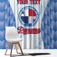 Close view of blue and white baseball window curtain with circular logo and bold text