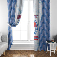 Blue chevron baseball window curtain panels with printed logo and text near door