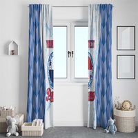 Blue and white baseball window curtain panels with chevron pattern and circular team logo