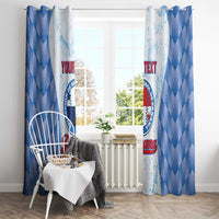 Blue chevron baseball window curtain panels with printed circular team logo and text