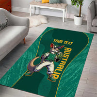 Green area rug with kangaroo baseball mascot and vertical yellow “AUSTRALIA” text
