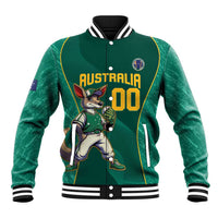 Green baseball jacket with kangaroo mascot, Australia 90 front graphic, striped ribbed cuffs