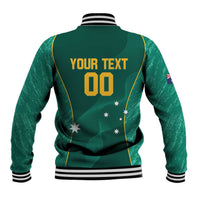 Green baseball jacket back with “YOUR TEXT”, large 00 number, stars, striped ribbed collar