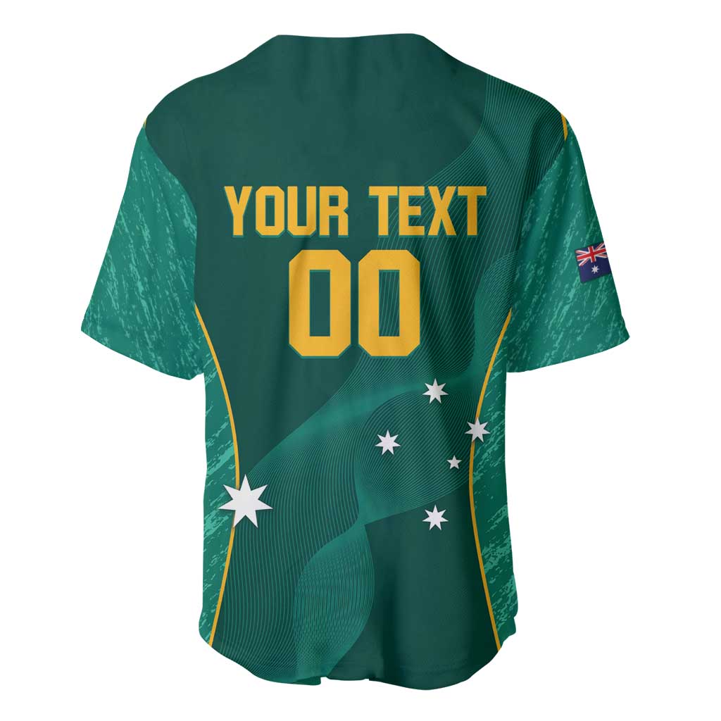 Green baseball jersey back with 'YOUR TEXT', number 00, stars, sleeve Australia flag