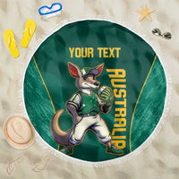 Green round beach blanket with white fringe featuring kangaroo mascot and 'YOUR TEXT'
