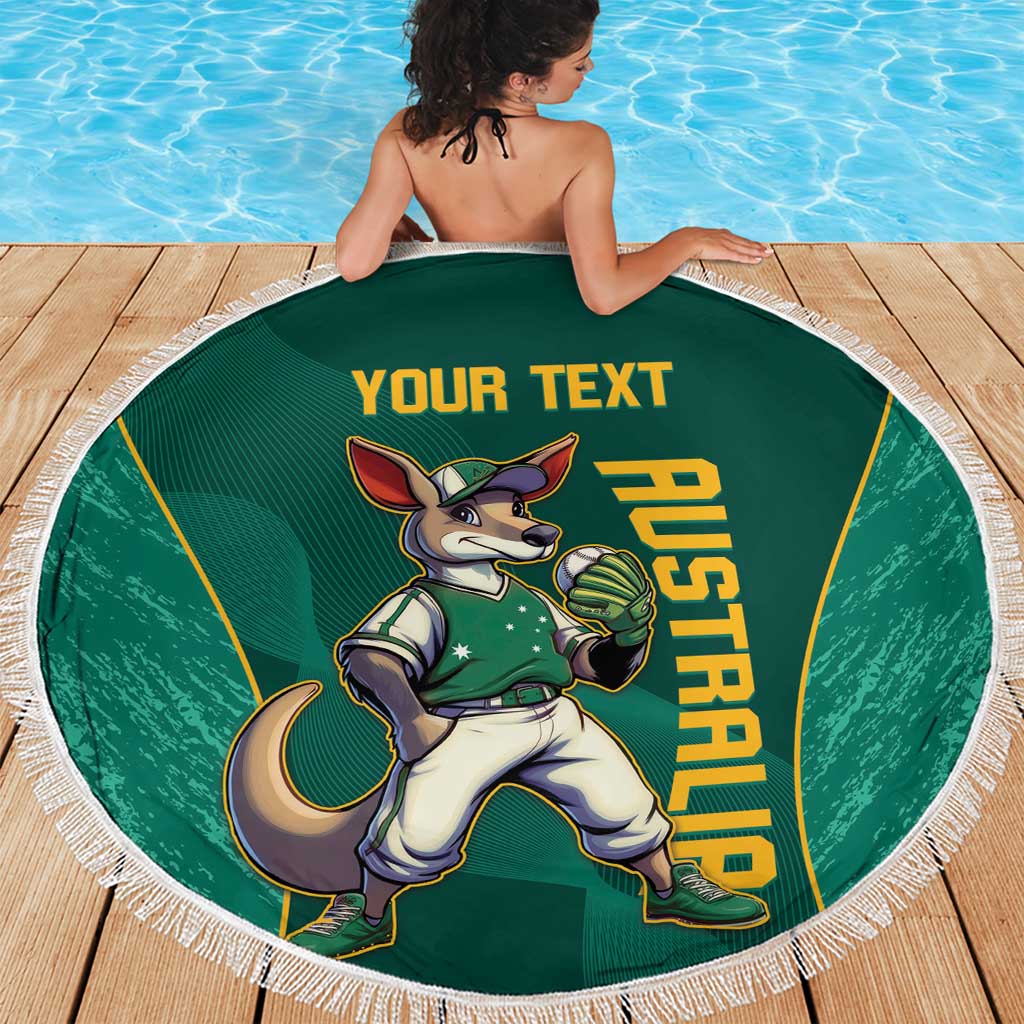 Green round beach blanket with white fringe and kangaroo mascot logo, 'YOUR TEXT'