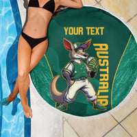 Green round beach blanket with white fringe and yellow kangaroo graphic, 'YOUR TEXT'