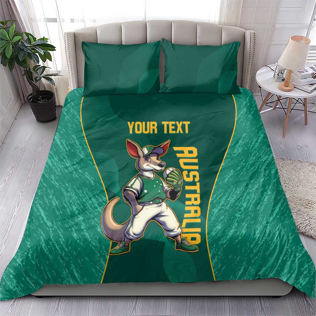 Green bedding set with kangaroo mascot and YOUR TEXT on quilt