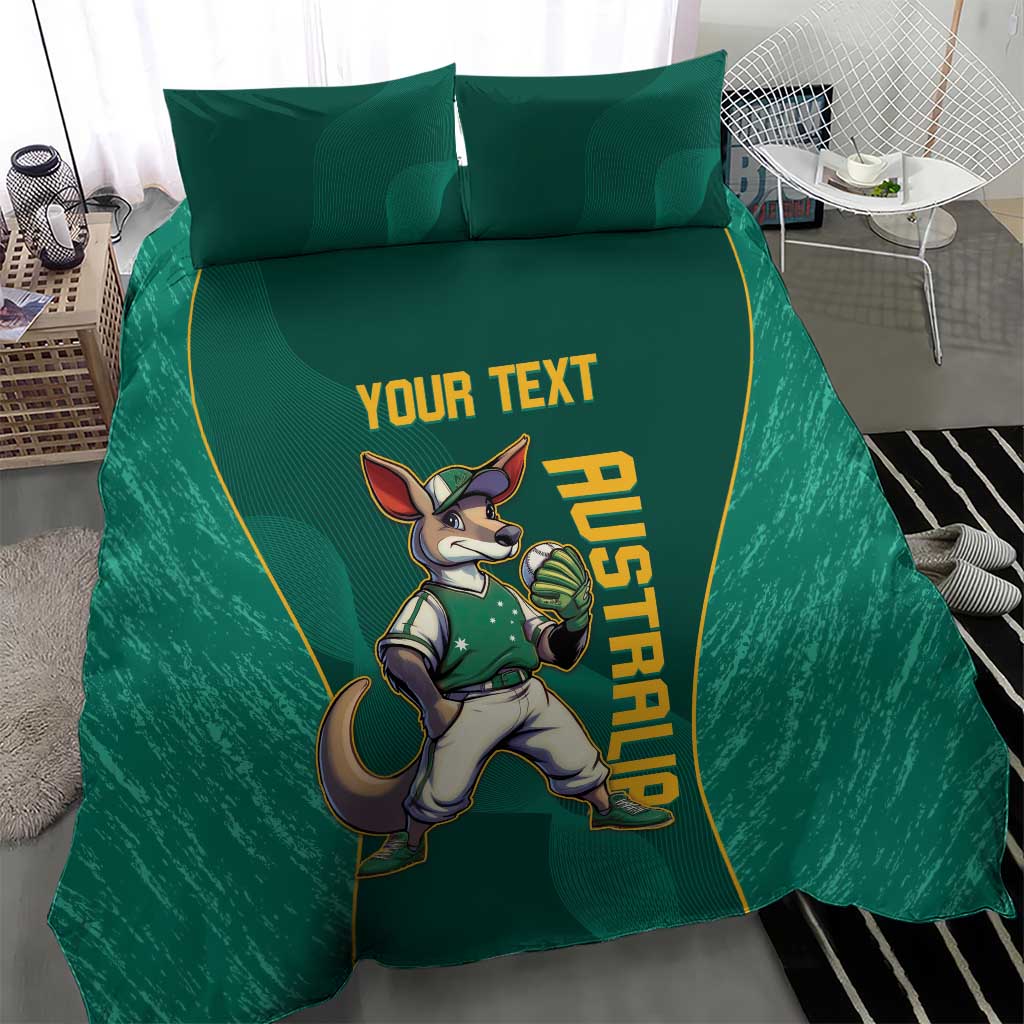 Green bedding set with kangaroo mascot, YOUR TEXT, and AUSTRALIA word art