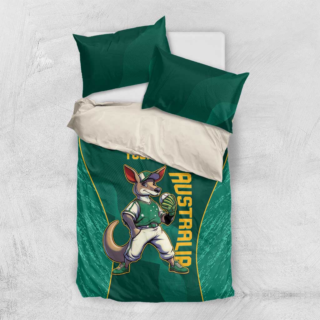 Green bedding set with kangaroo mascot and YOUR TEXT on duvet