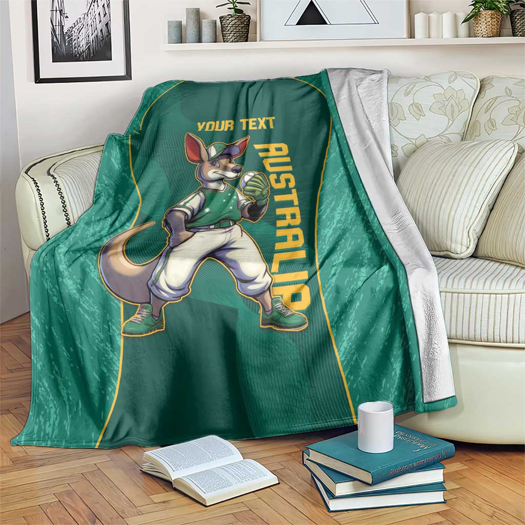 Green blanket with kangaroo mascot, custom text, and vertical AUSTRALIA print on couch