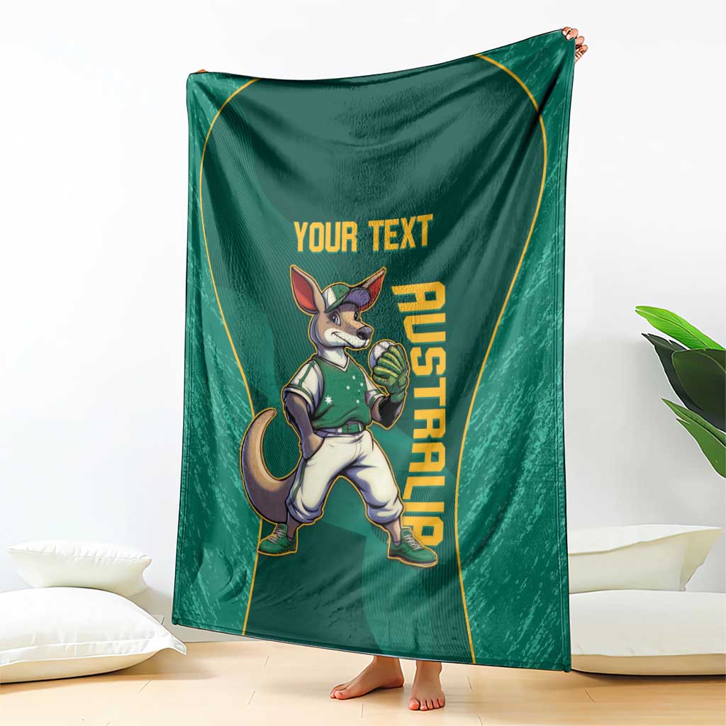 Green blanket with kangaroo mascot, custom text, and vertical AUSTRALIA print, draped on floor