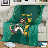 Green blanket with kangaroo mascot, custom text, and vertical AUSTRALIA print, rounded edge