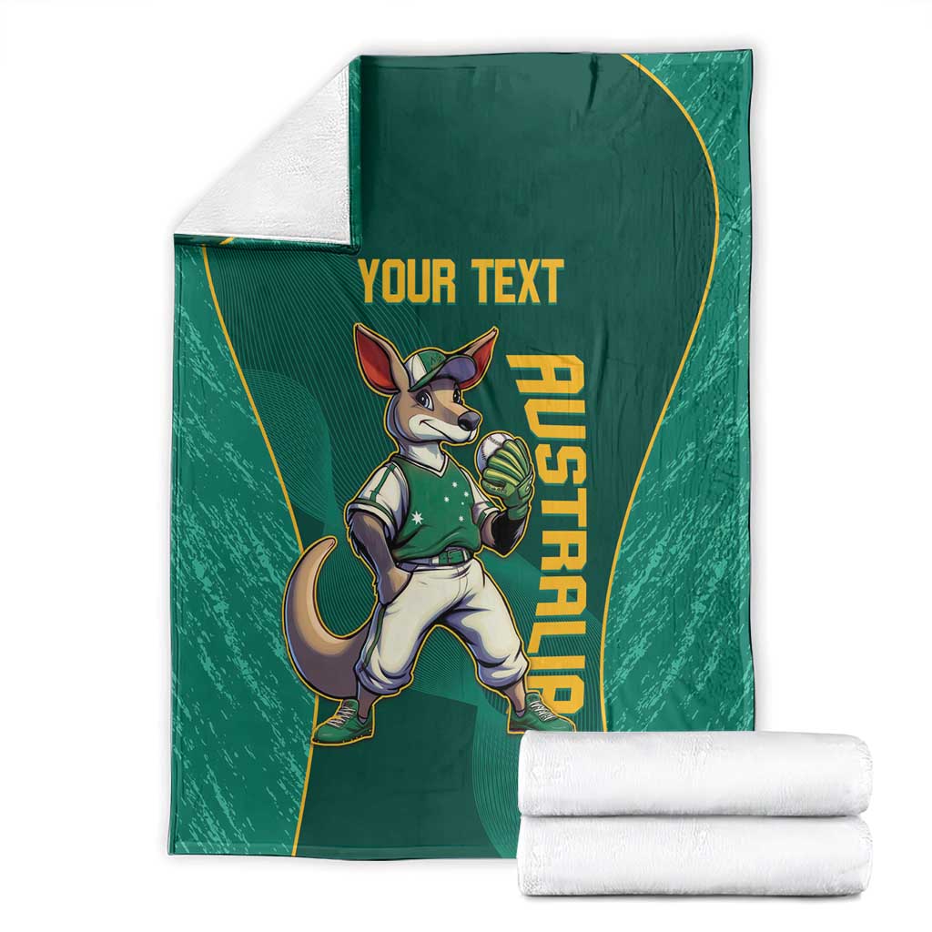 Green blanket with kangaroo mascot and custom text, vertical AUSTRALIA print, with folded towels