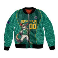 Green satin bomber jacket with kangaroo mascot graphic and orange trim