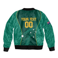 Green satin bomber jacket back with 'YOUR TEXT' 00 print, stars and flag patch