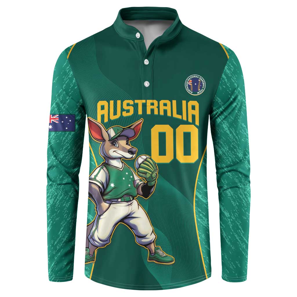 Green button-front jersey sweatshirt with Australia kangaroo mascot graphic, long sleeves