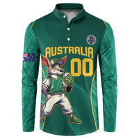 Green button-front jersey sweatshirt with Australia kangaroo mascot graphic, long sleeves