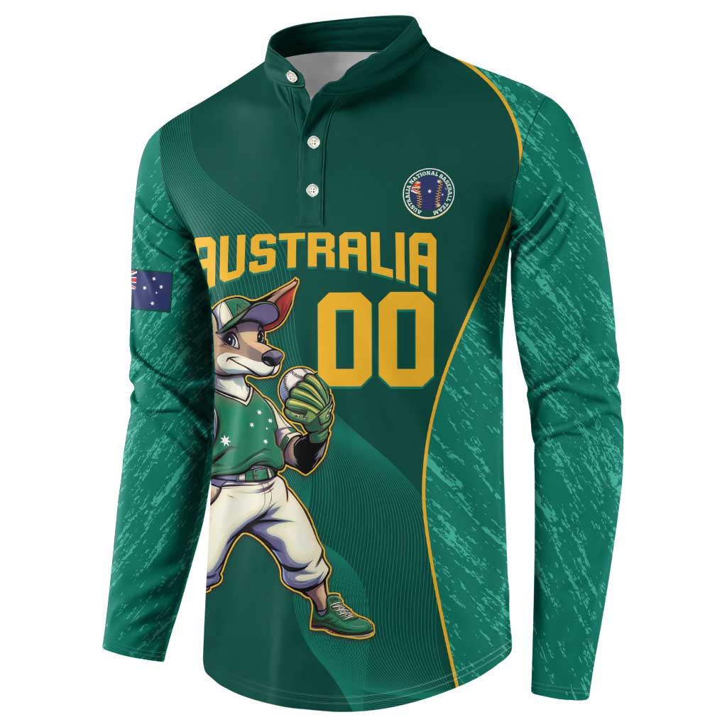 Green button-front jersey sweatshirt with kangaroo mascot and number 00 front, long sleeves