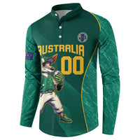 Green button-front jersey sweatshirt with kangaroo mascot and number 00 front, long sleeves