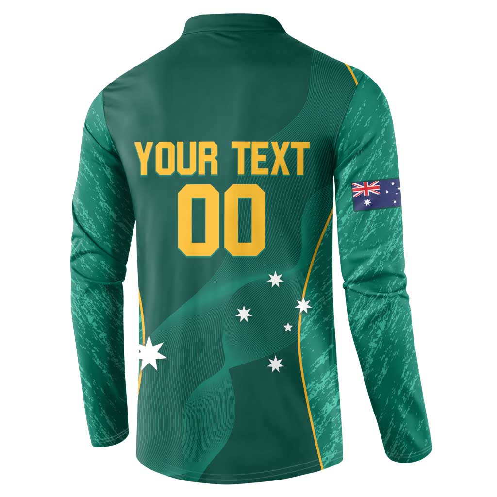 Green back of button-front jersey sweatshirt with YOUR TEXT and number 00, long sleeves