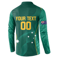 Green back of button-front jersey sweatshirt with YOUR TEXT and number 00, long sleeves