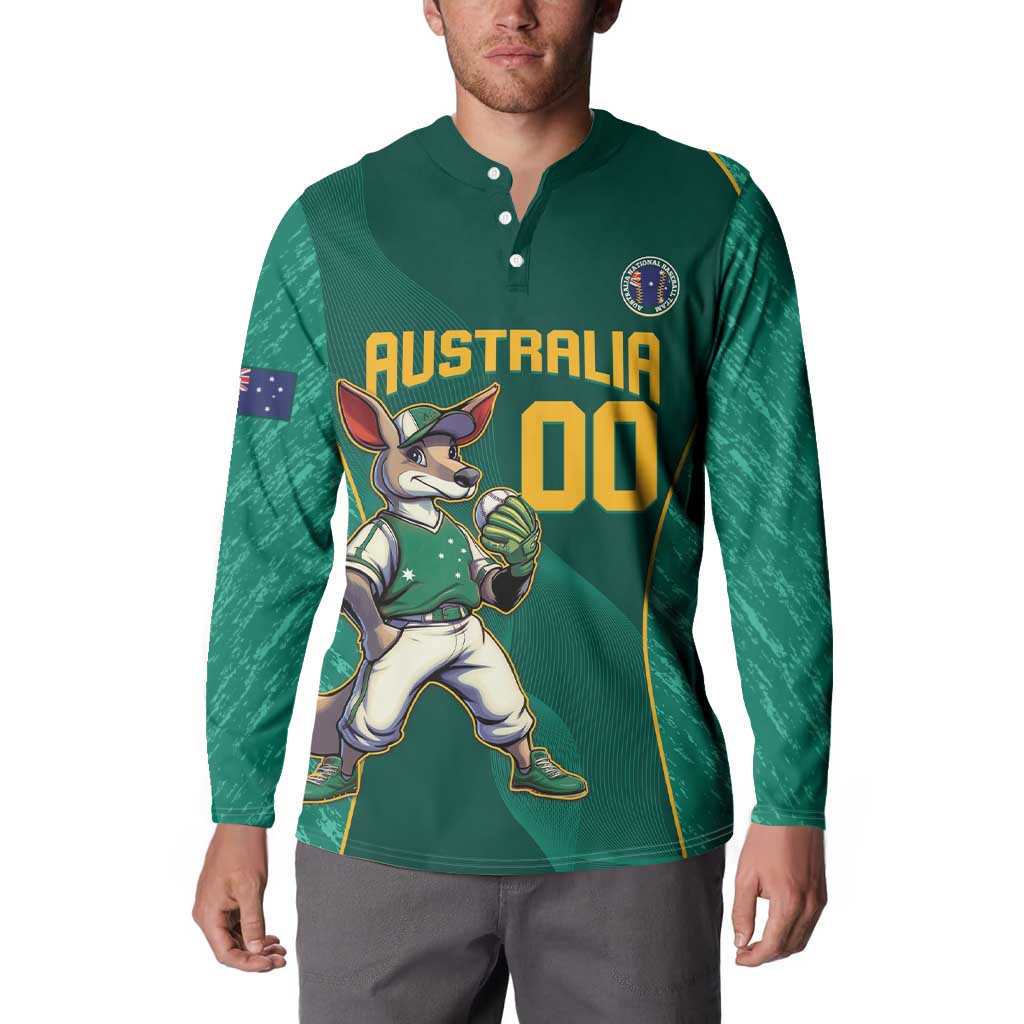 Green button-front jersey sweatshirt with Australia kangaroo mascot, number 00, long sleeves
