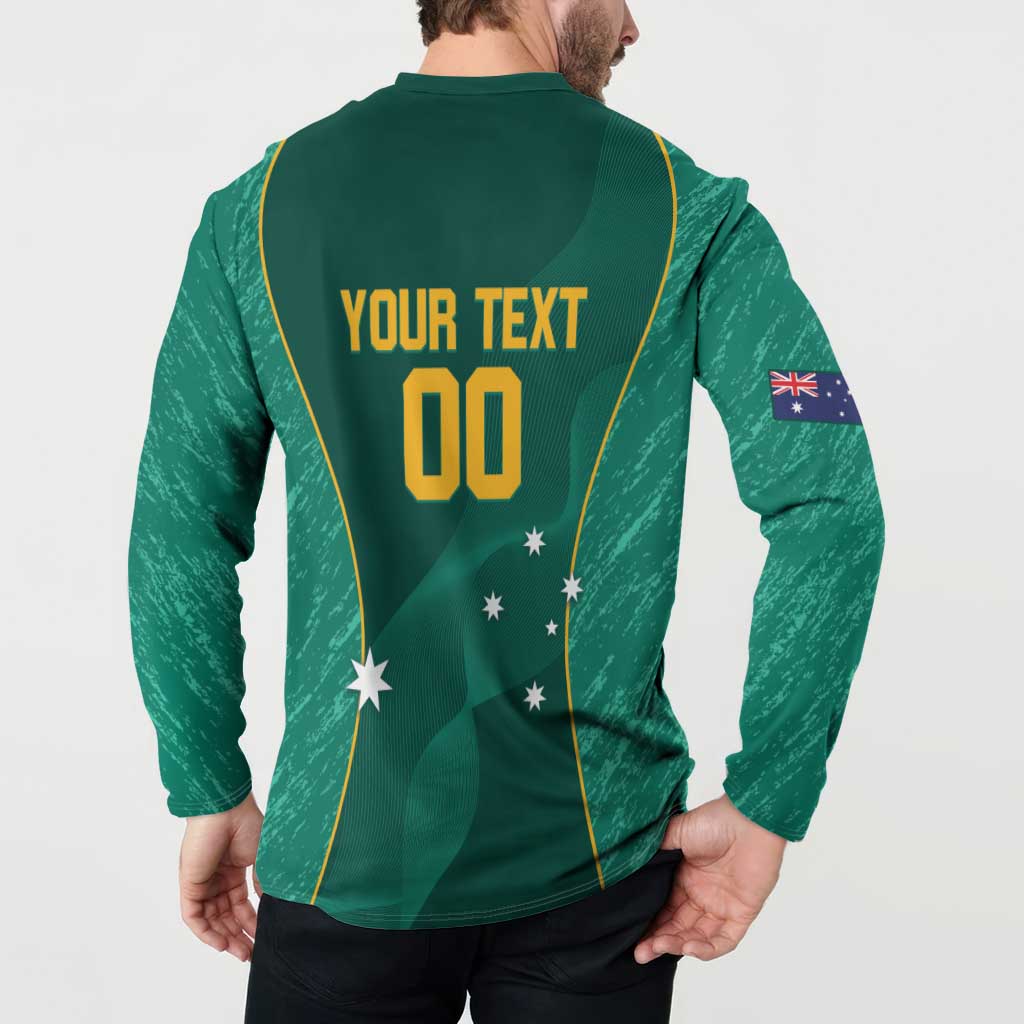 Green back of button-front jersey sweatshirt with YOUR TEXT 00 and Australia stars, long sleeves