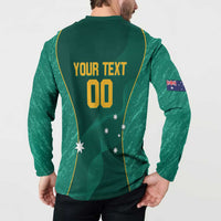 Green back of button-front jersey sweatshirt with YOUR TEXT 00 and Australia stars, long sleeves